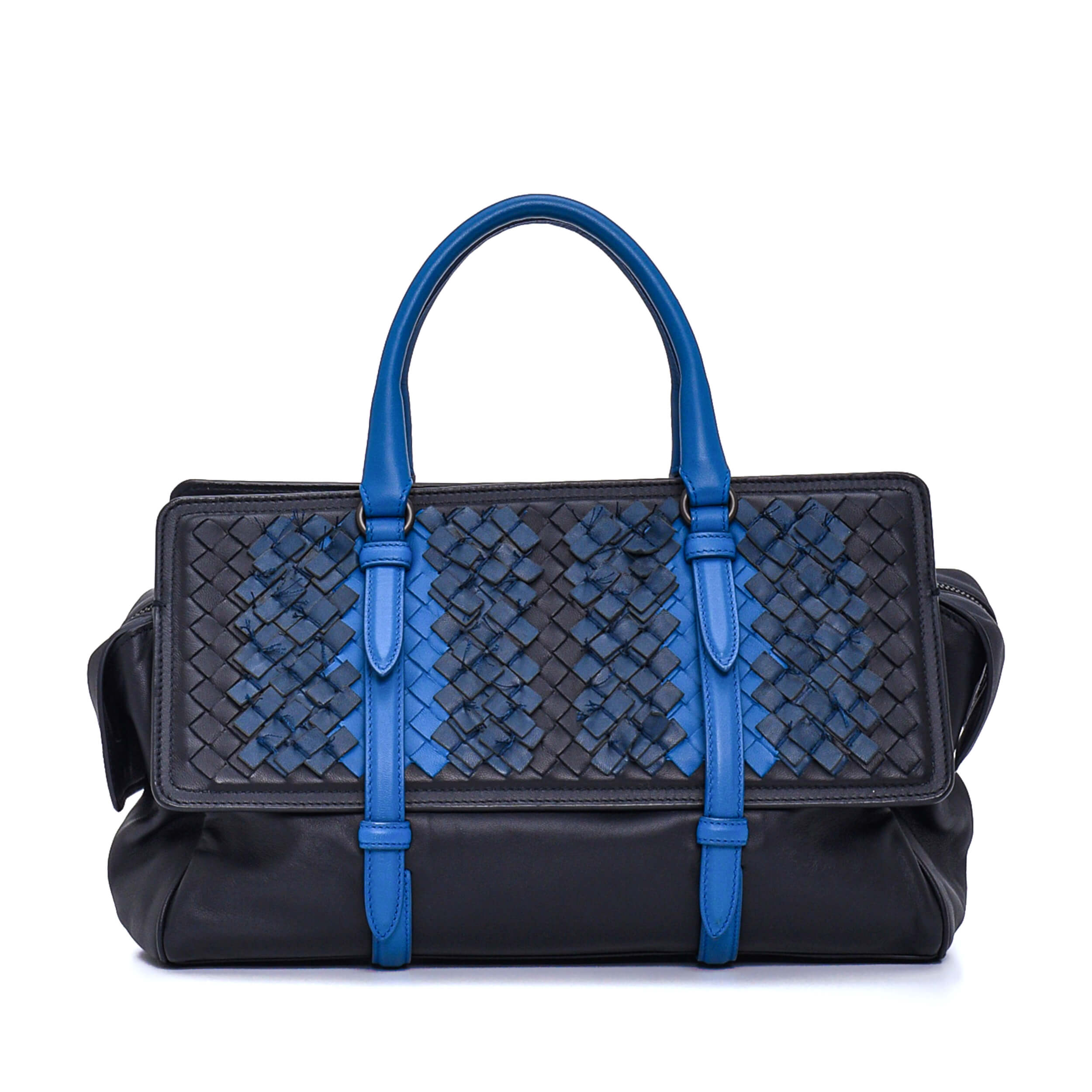 Bottega Veneta - Black & Blue Intercciato Woven Leather Top Handle Bag